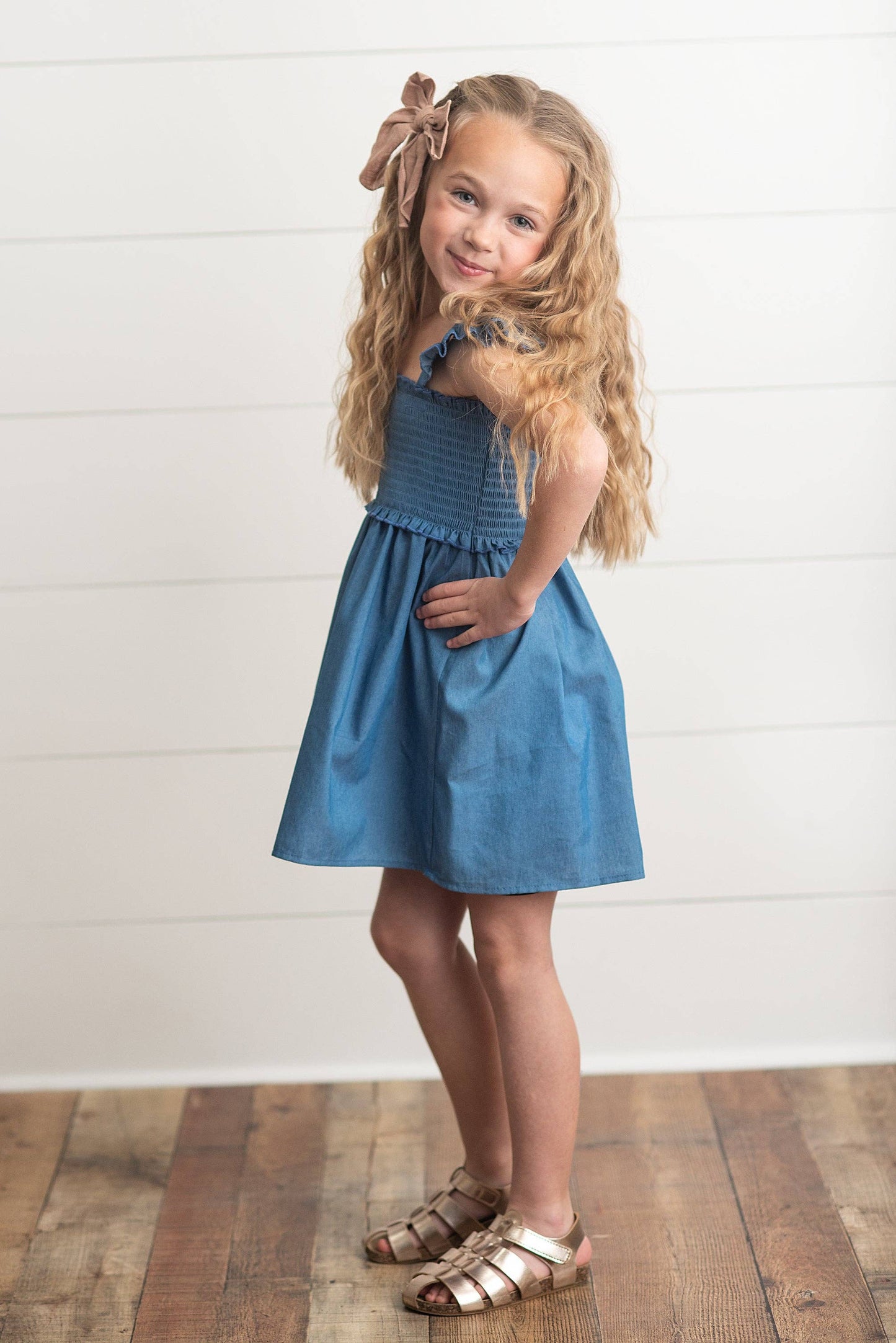 Girls Blue Shirred Ruffle Spring Dress