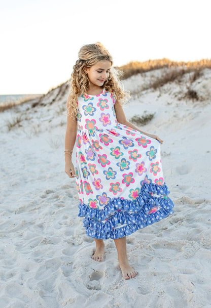 Girls 3 Tiered Periwinkle Flower Spring Summer Ruffles Dress