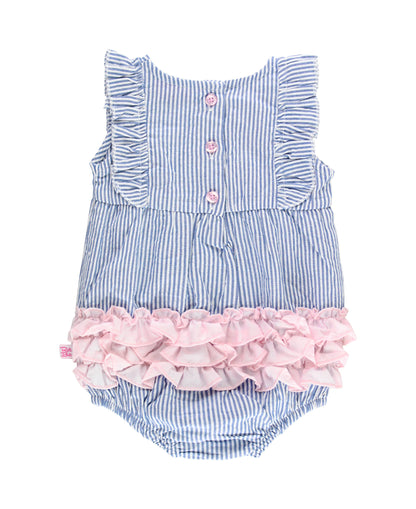 Baby Girls Blue Seersucker Classic Ruffle Bubble Romper